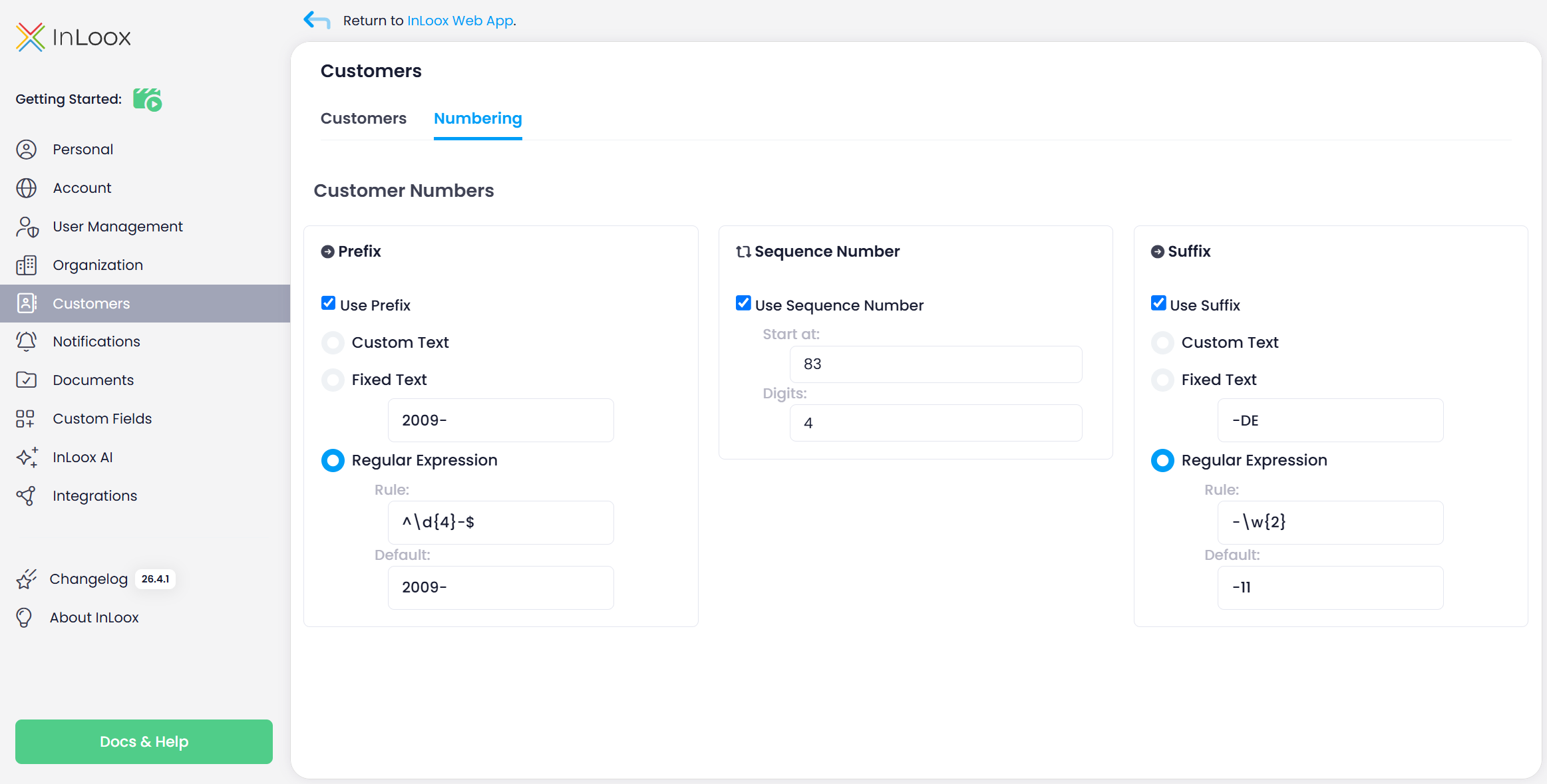 InLoox Client Settings - Numbering