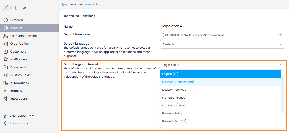 Select the default regional format for the entire account Select the default regional format for the entire account