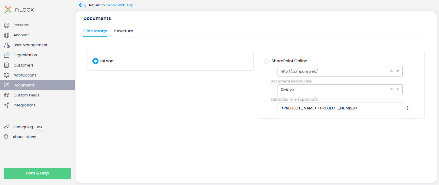Document storage settings
