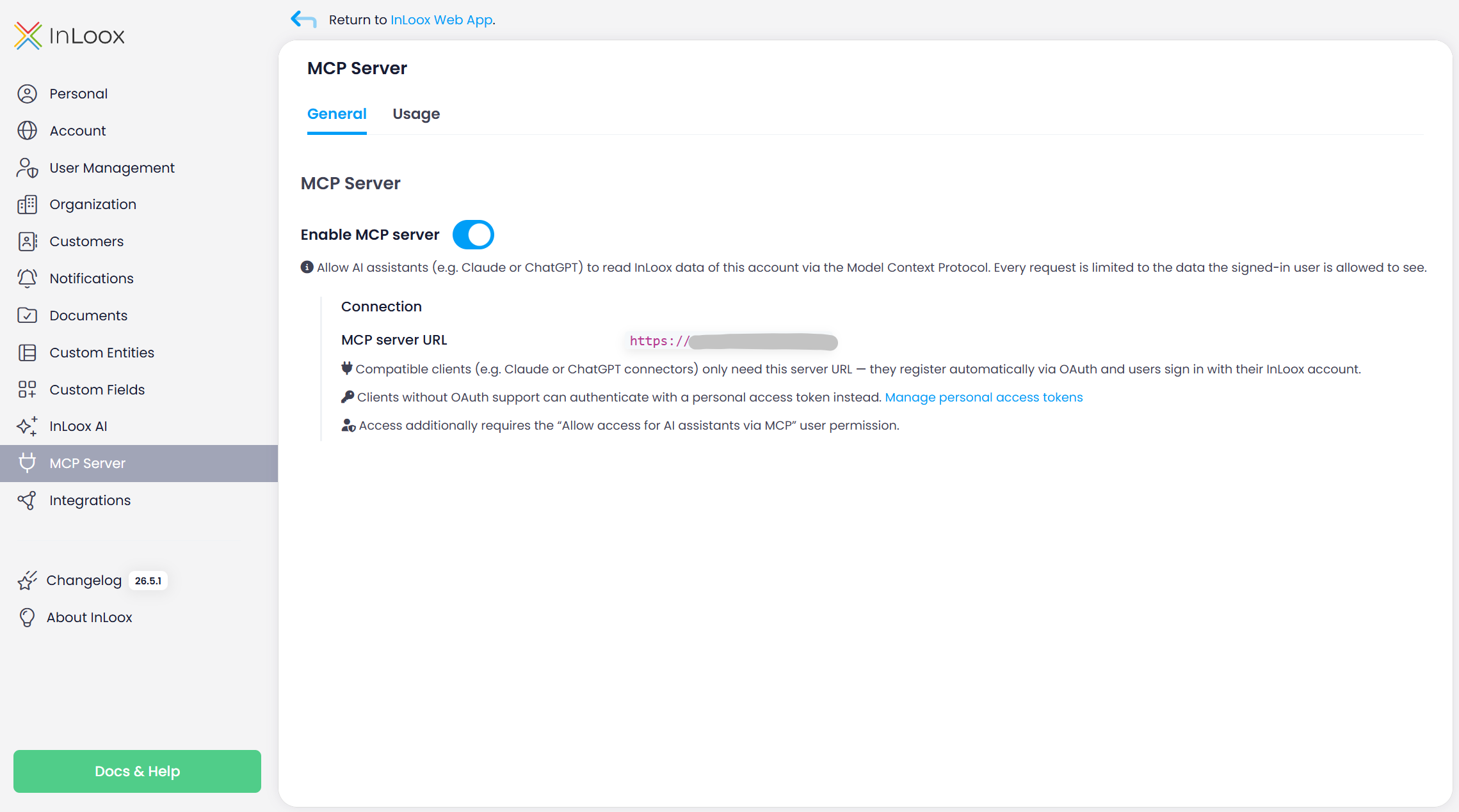 MCP server settings in Account Settings