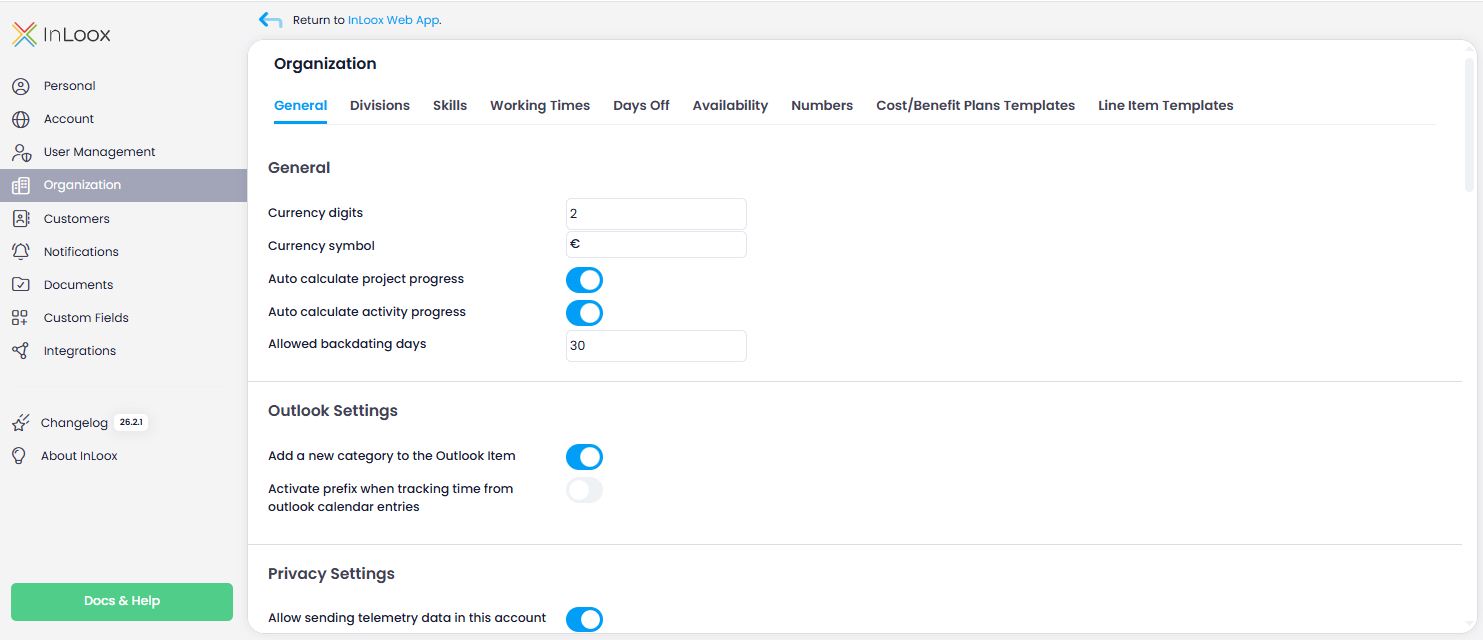 Organization settings