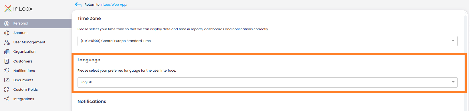 Language selection in Account Settings