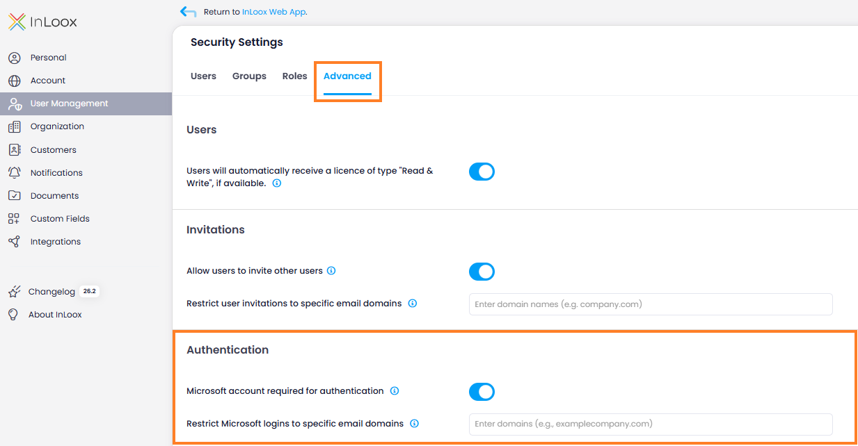 Authentication settings in User Management — Advanced tab