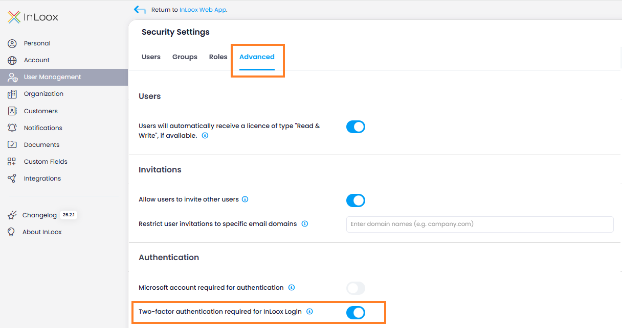 Two-factor authentication setting in User Management — Advanced tab