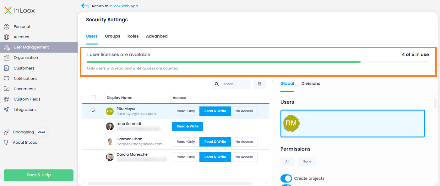 Available licenses in User Management