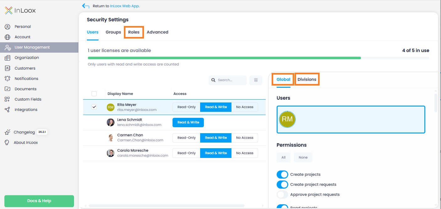 Permissions settings in User Management