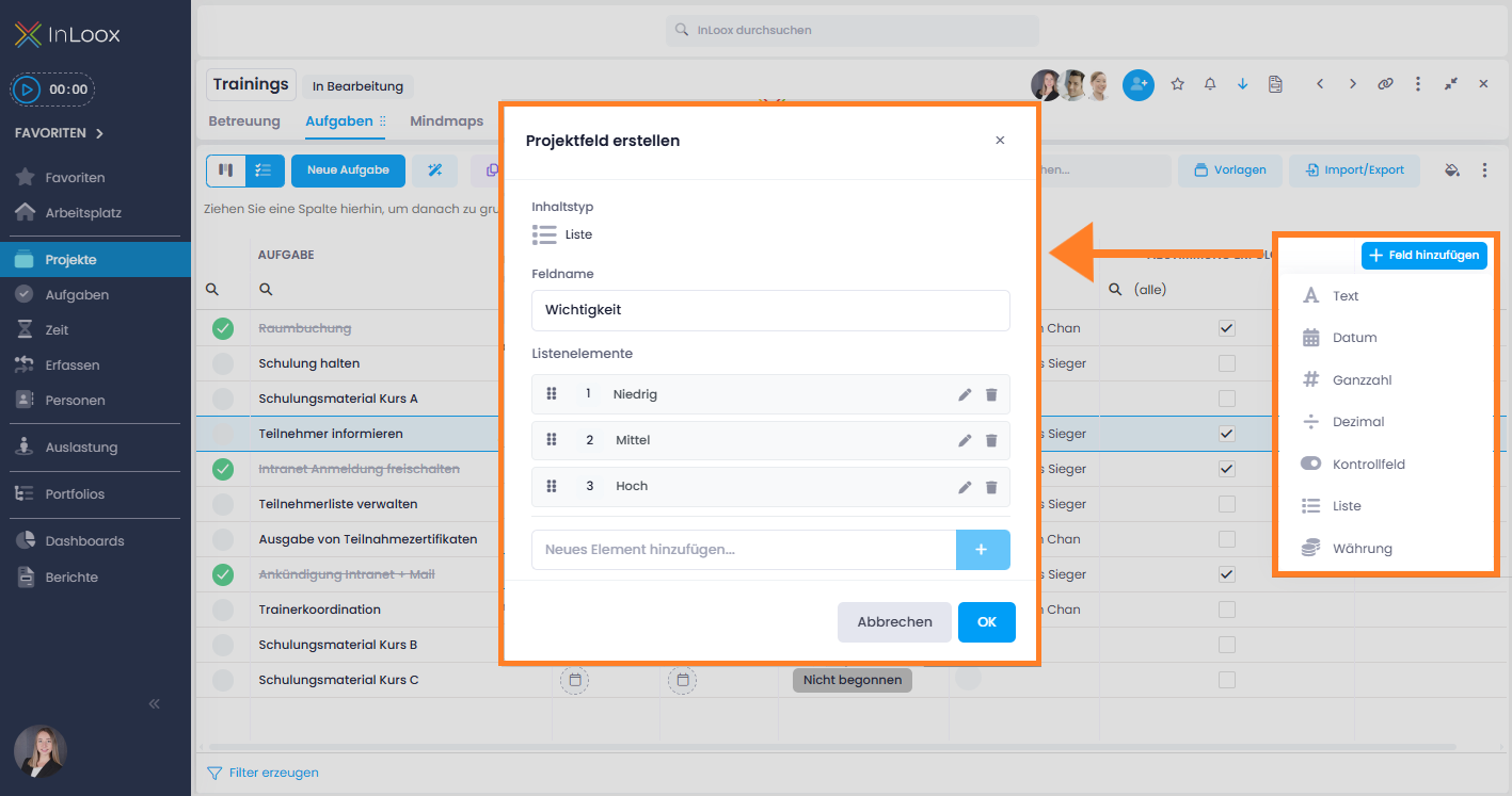 Add a custom field column to the project task list