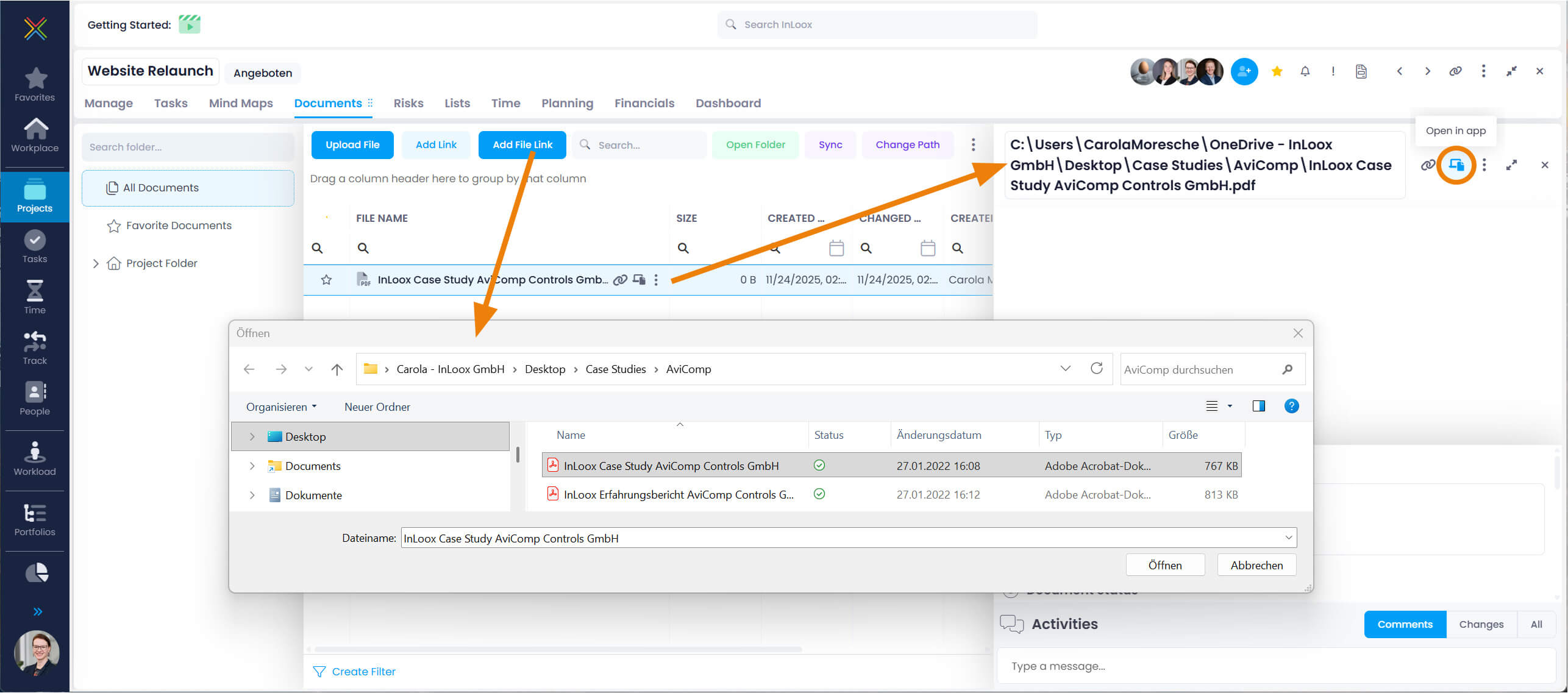 Add a file link as a project document in InLoox