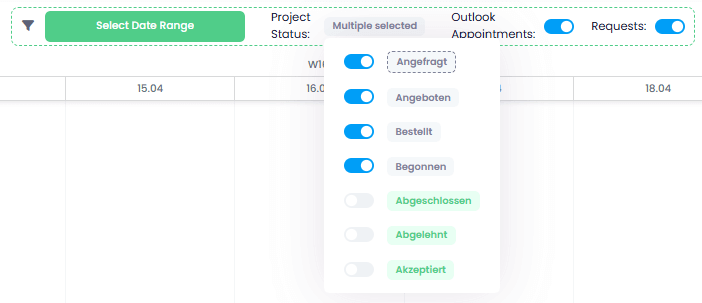 Filter options in the workload