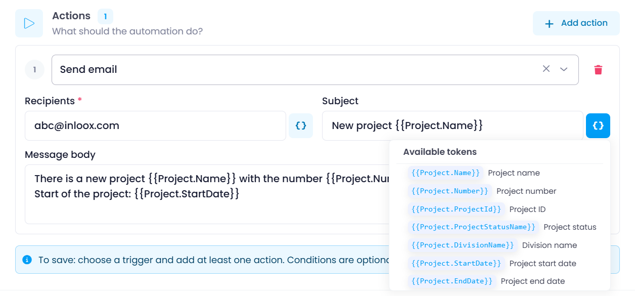 Send email action configured with recipient, subject, and token