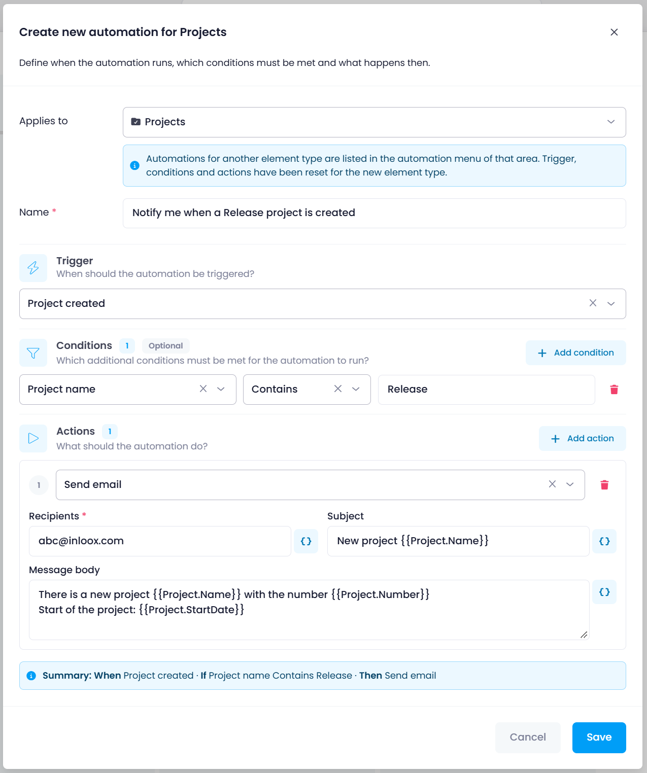 A finished automation rule with a trigger, condition, and send-email action