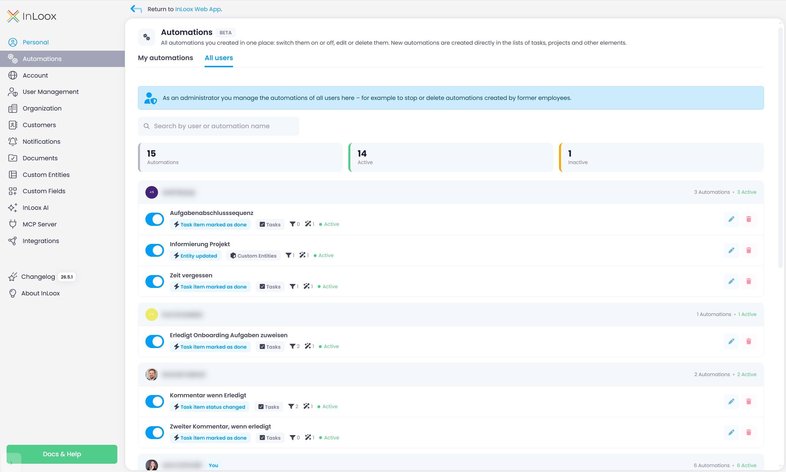 The All users tab in the Automations settings