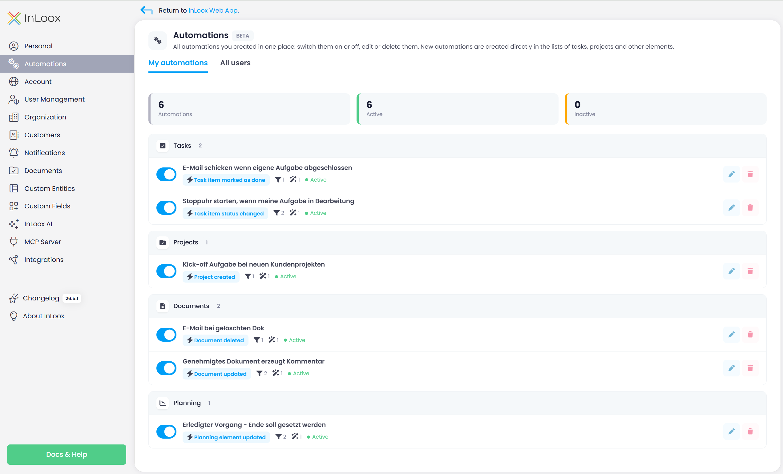 Automations overview in the InLoox Account Settings