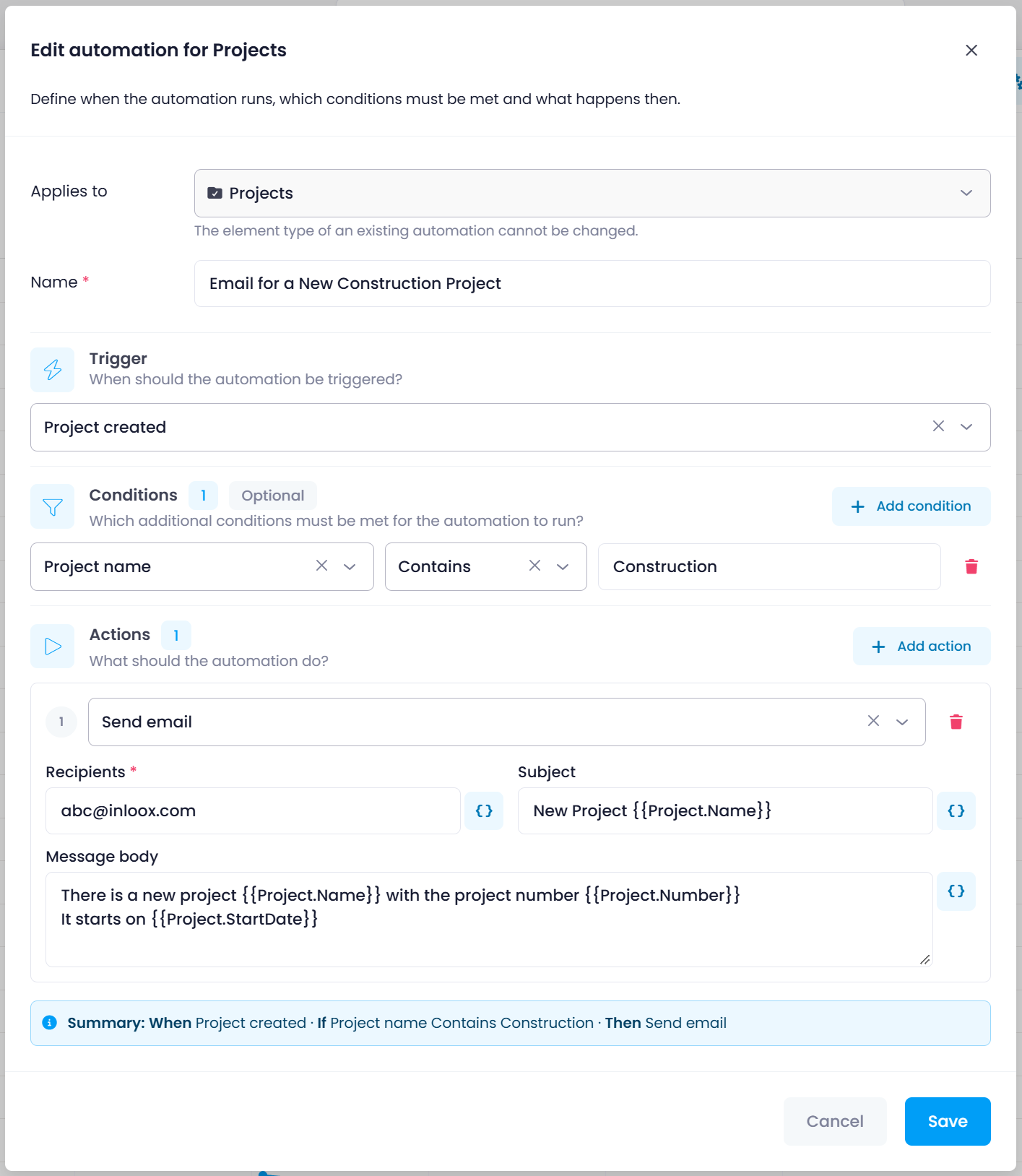 Example rule: email notification for a new construction project Example rule: email notification for a new construction project