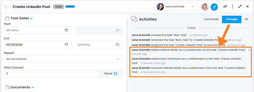 Collaborator changes in activity history