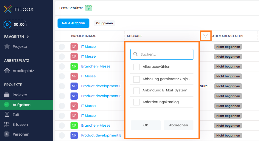 Filters with search function in simple mode