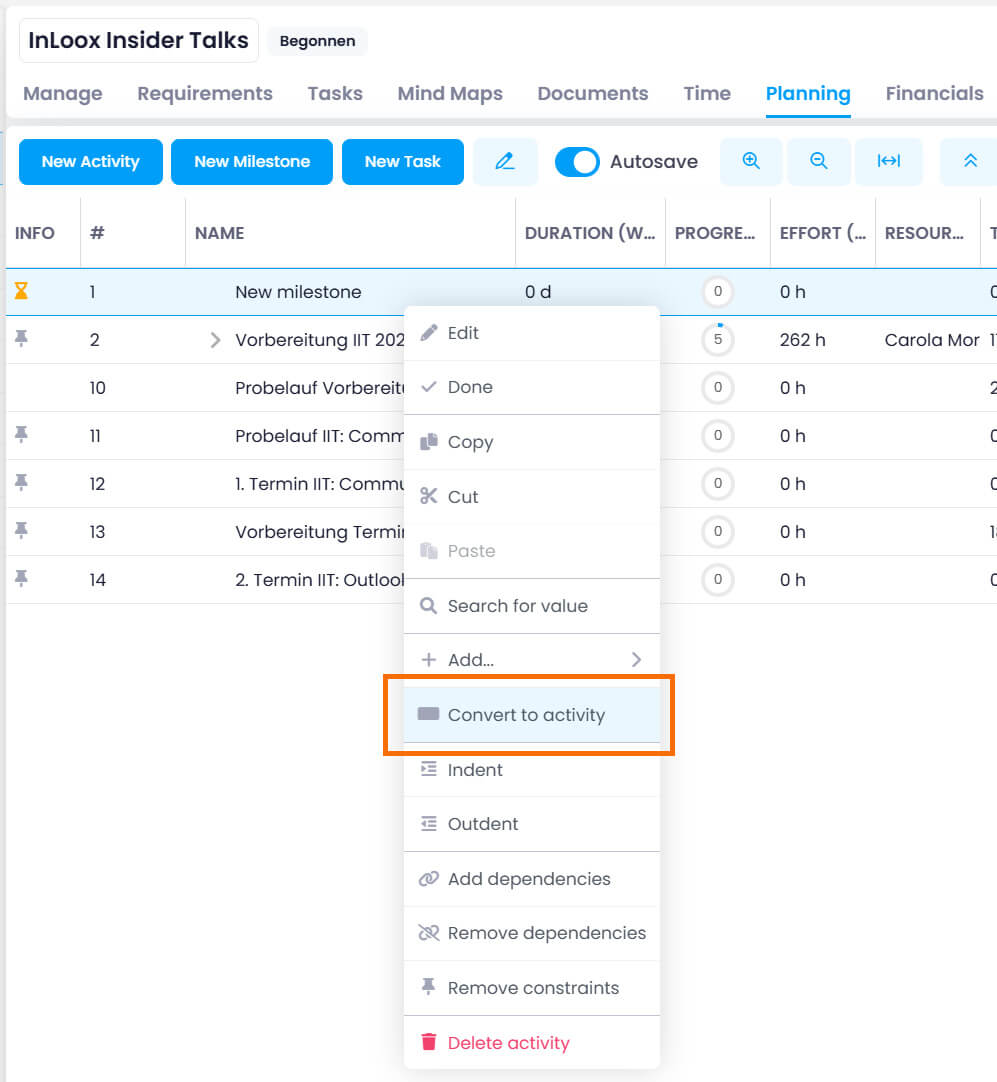 Convert milestone to activity