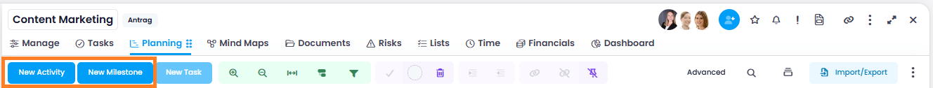 New Activity and New Milestone in planning