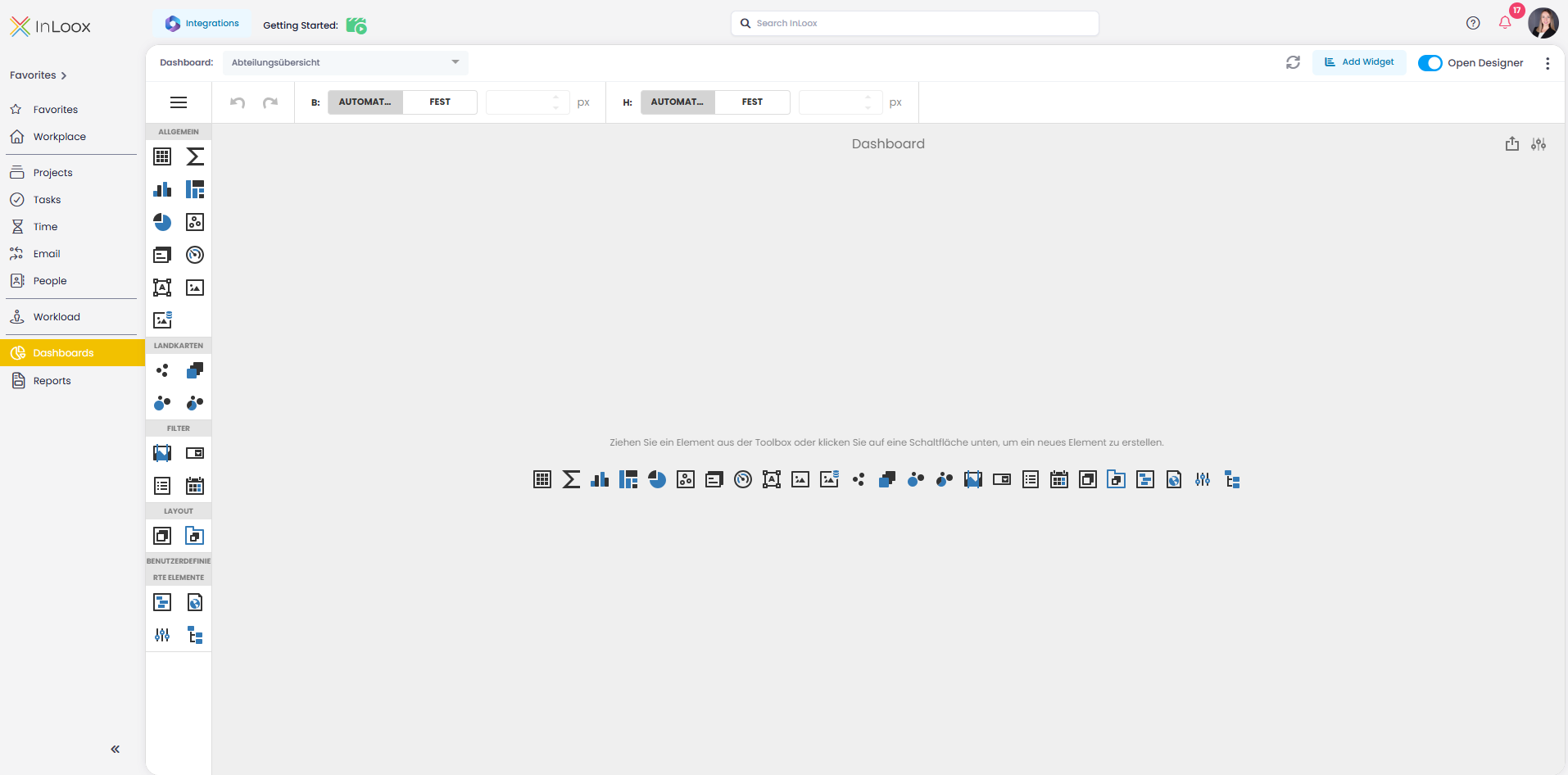 Dashboard editor with empty canvas and toolbox