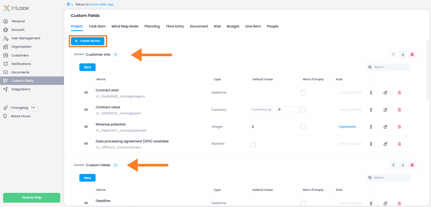 Custom fields organized into sections