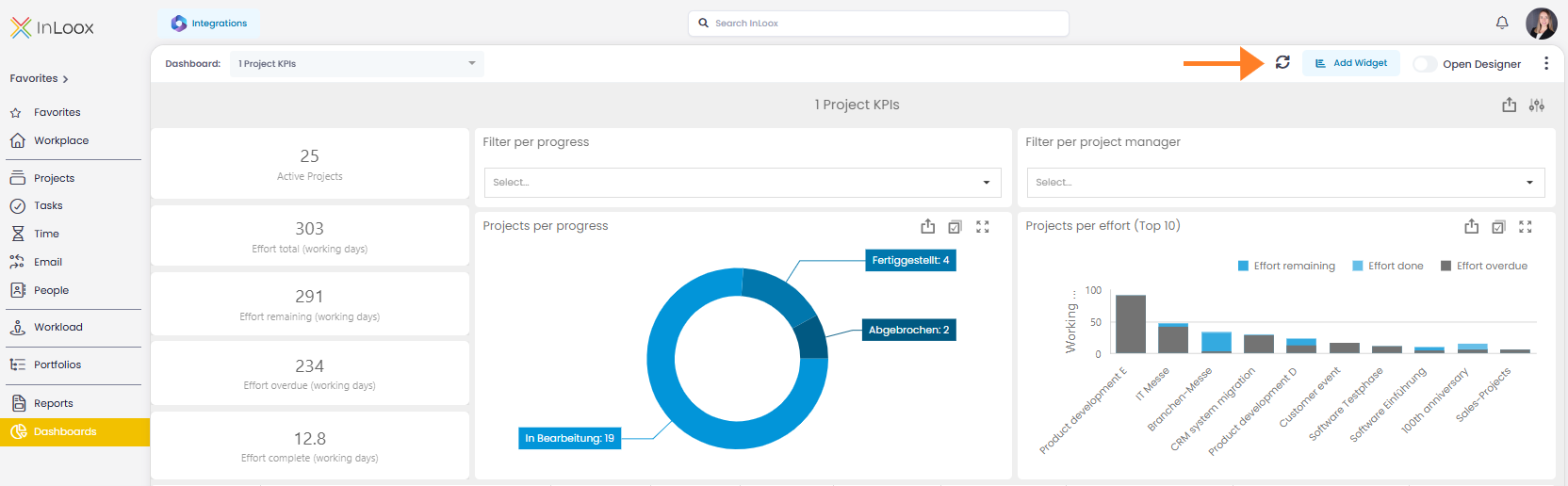 Dashboard with refresh button