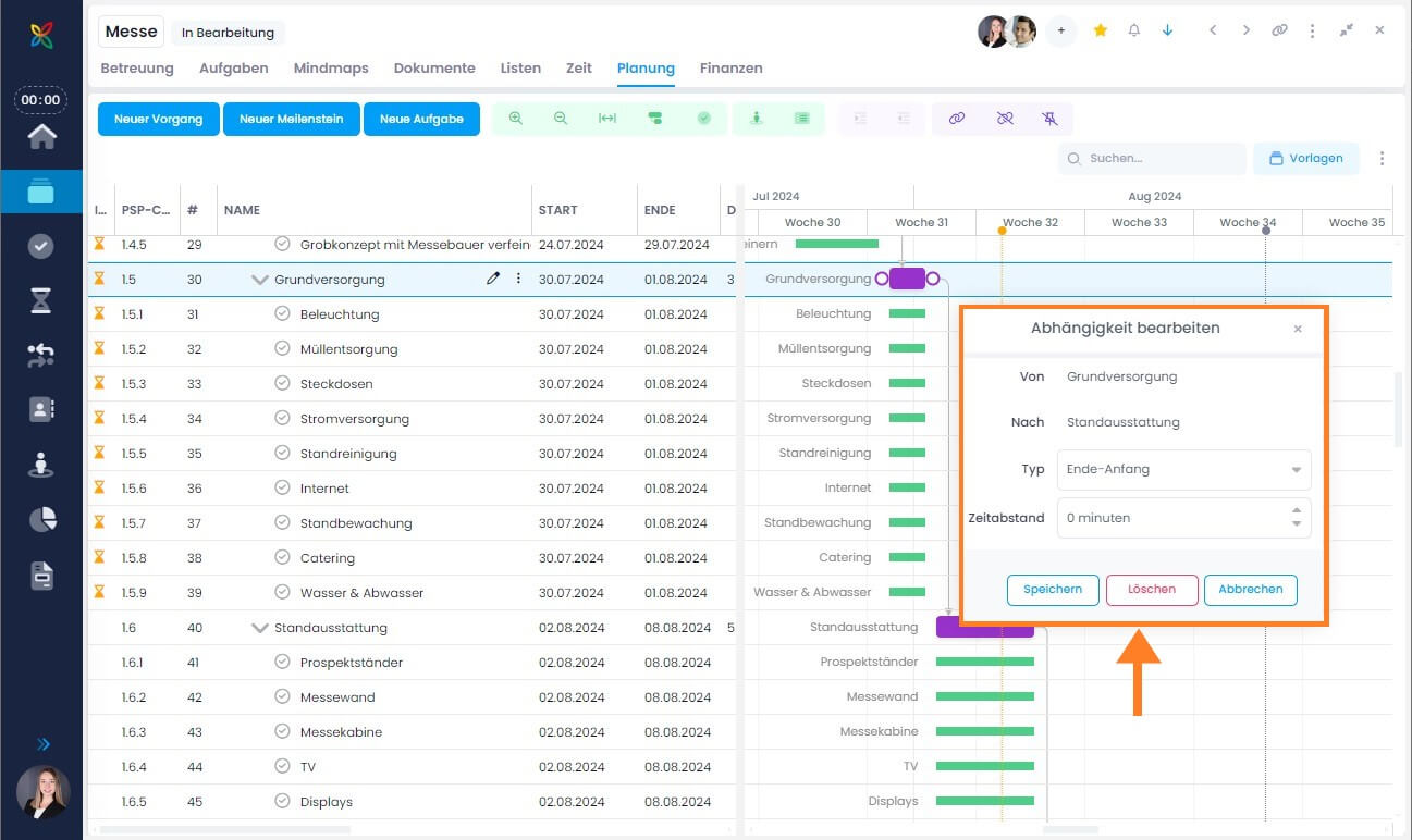 Dependency editor for planning elements