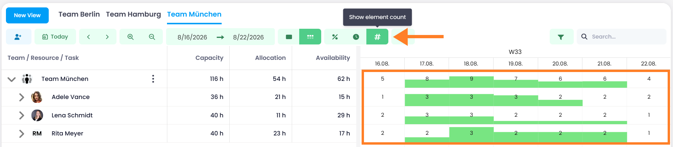 Workload with the element count displayed per day