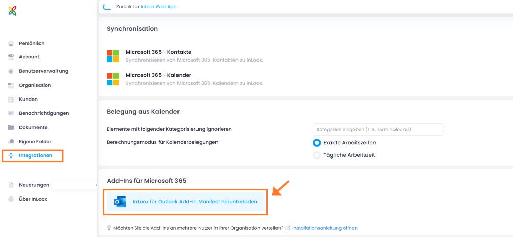 Download InLoox for Outlook Add-in Manifest from Account Settings