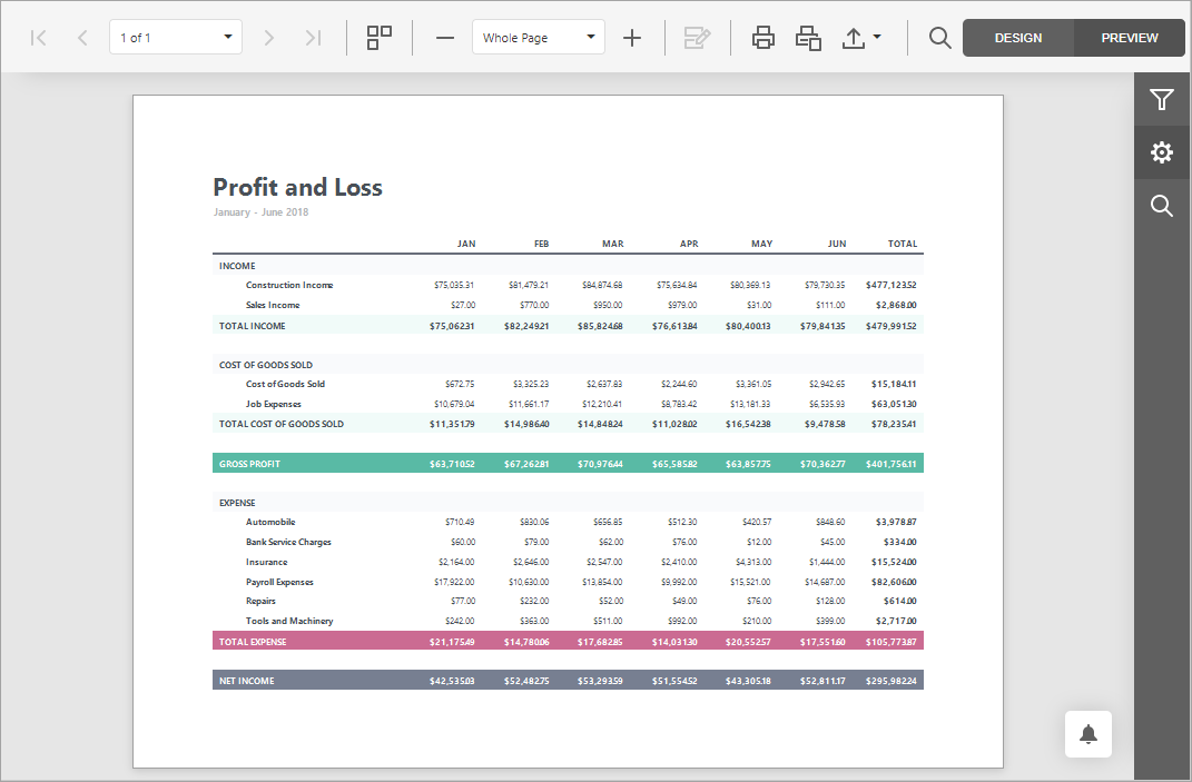 Report in preview mode