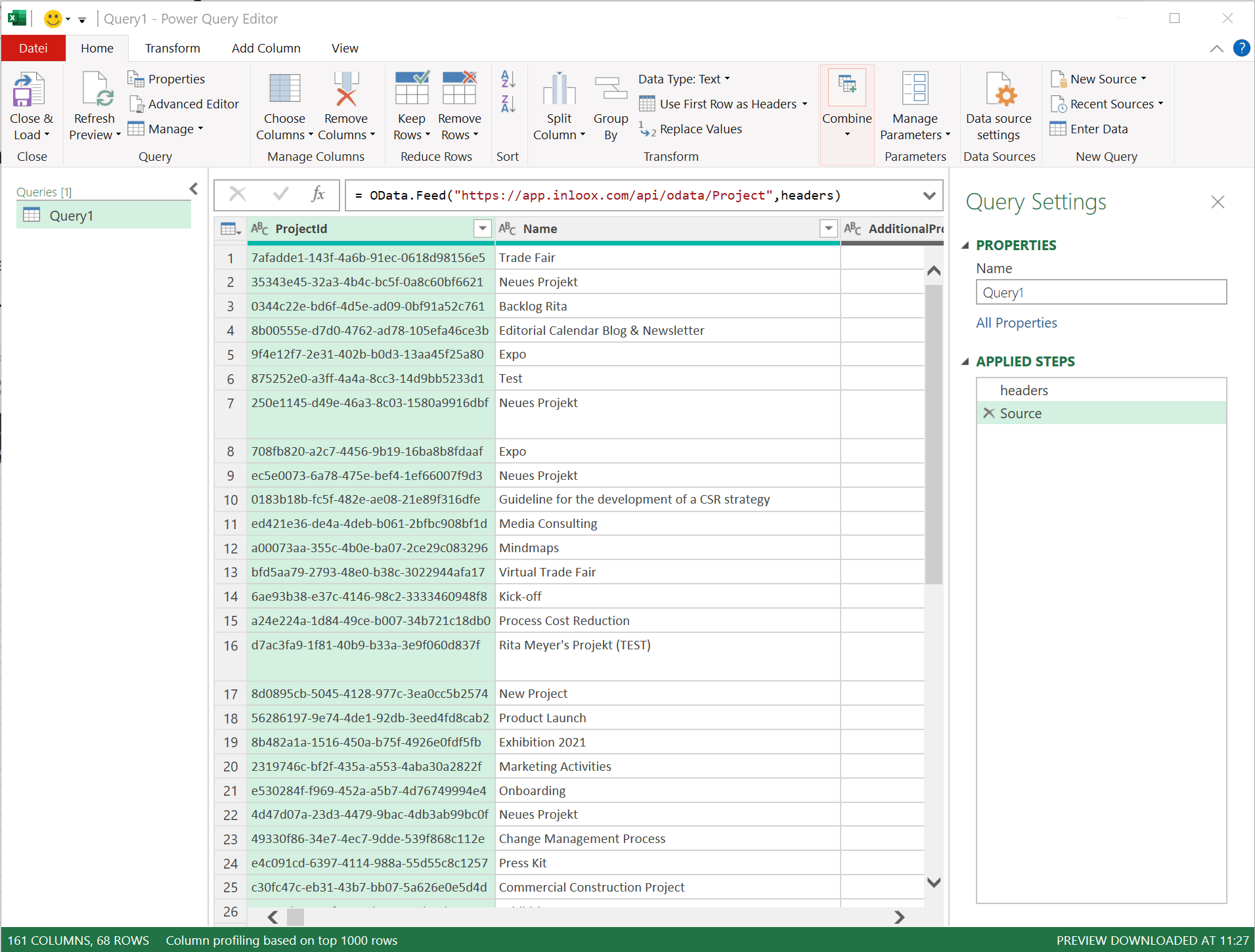 Preview of InLoox data in Excel