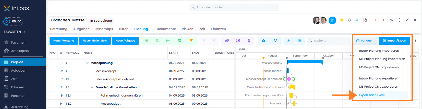 Export Gantt plan to Excel