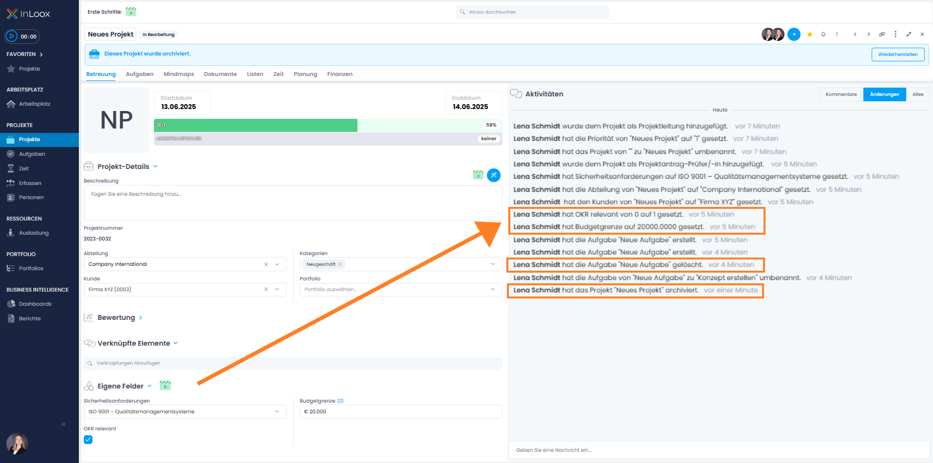 Extended changes history in project