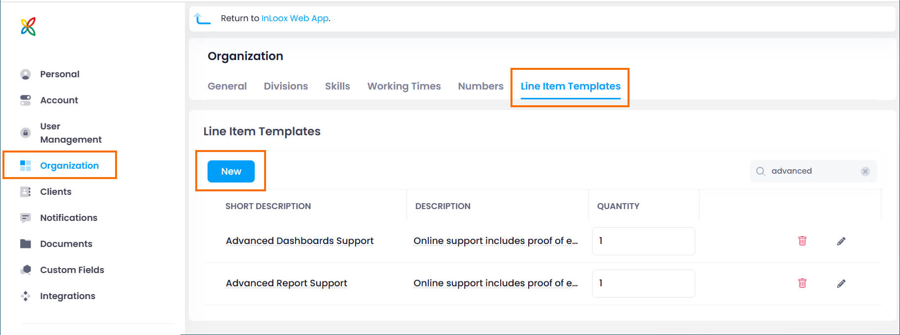 InLoox settings - Line item templates for financials