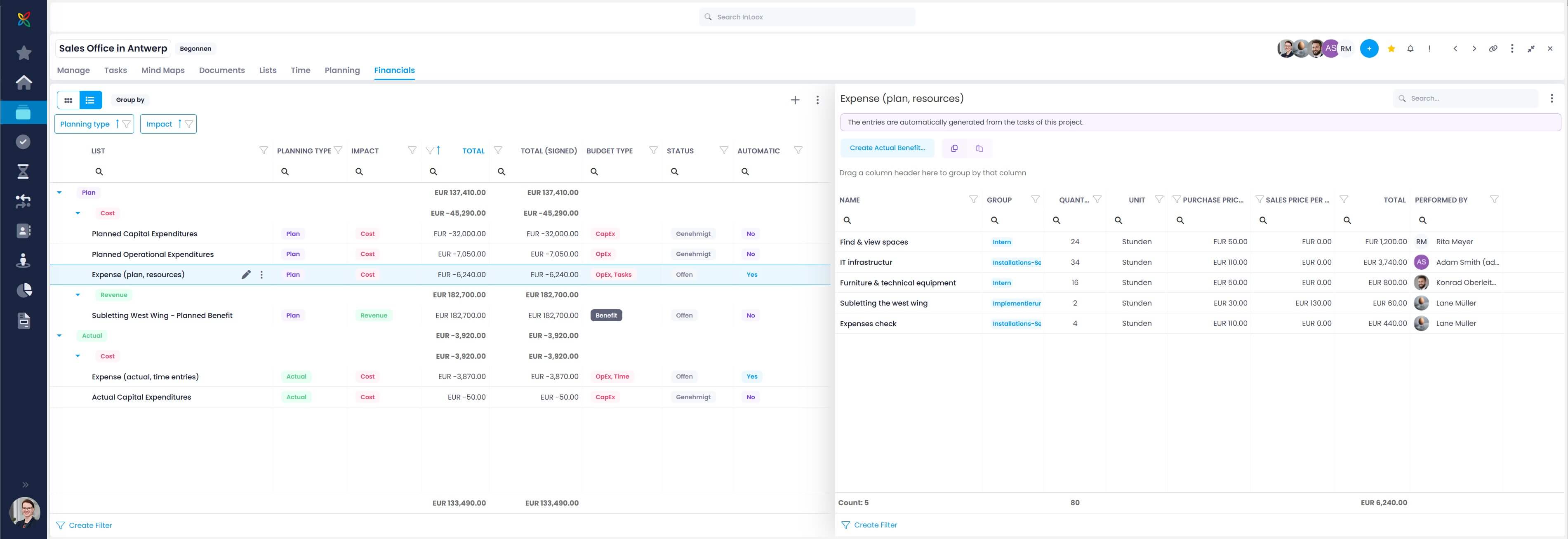Example: InLoox project finances planned/actual costs/revenue