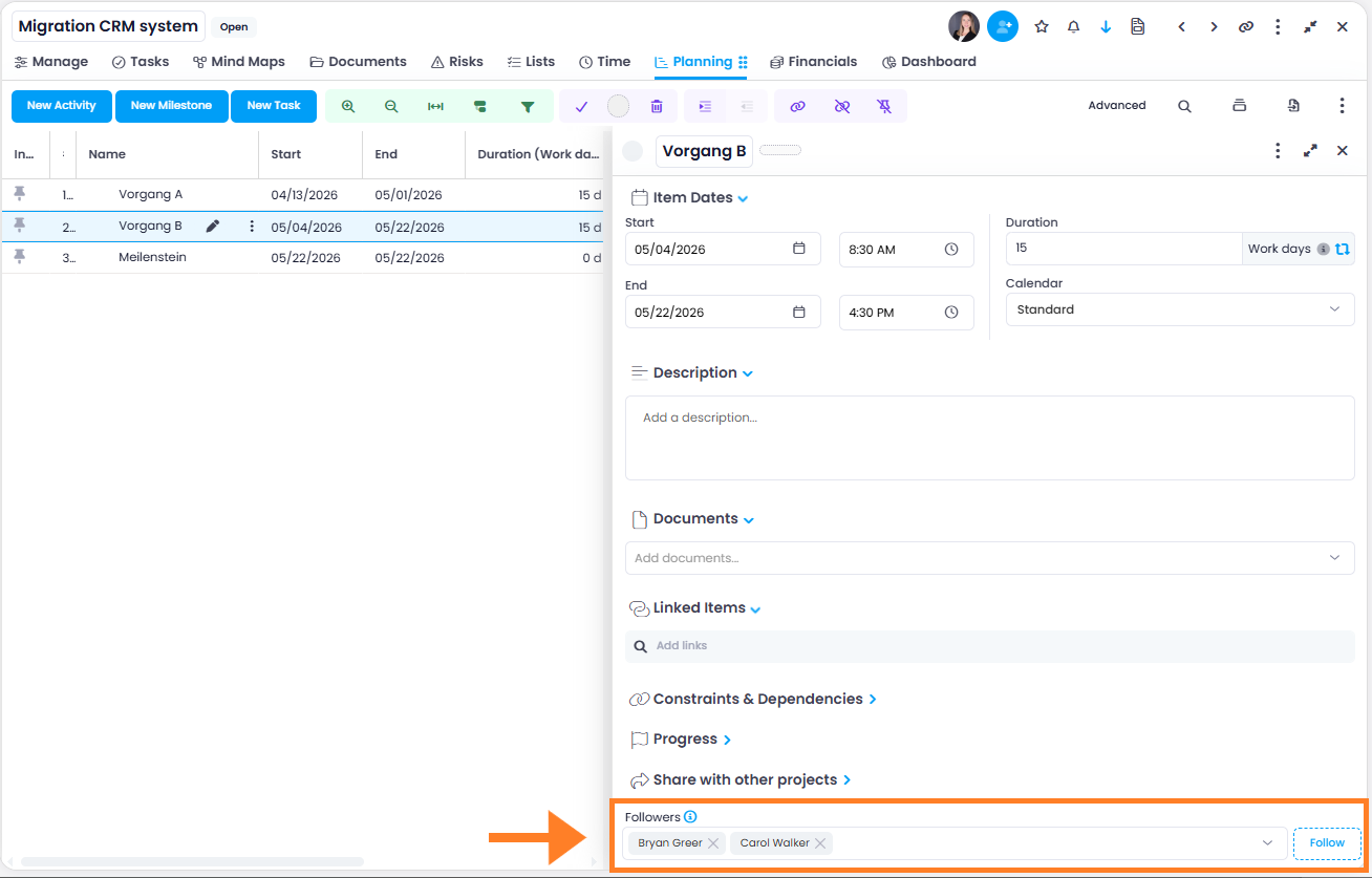 Followers for planning elements