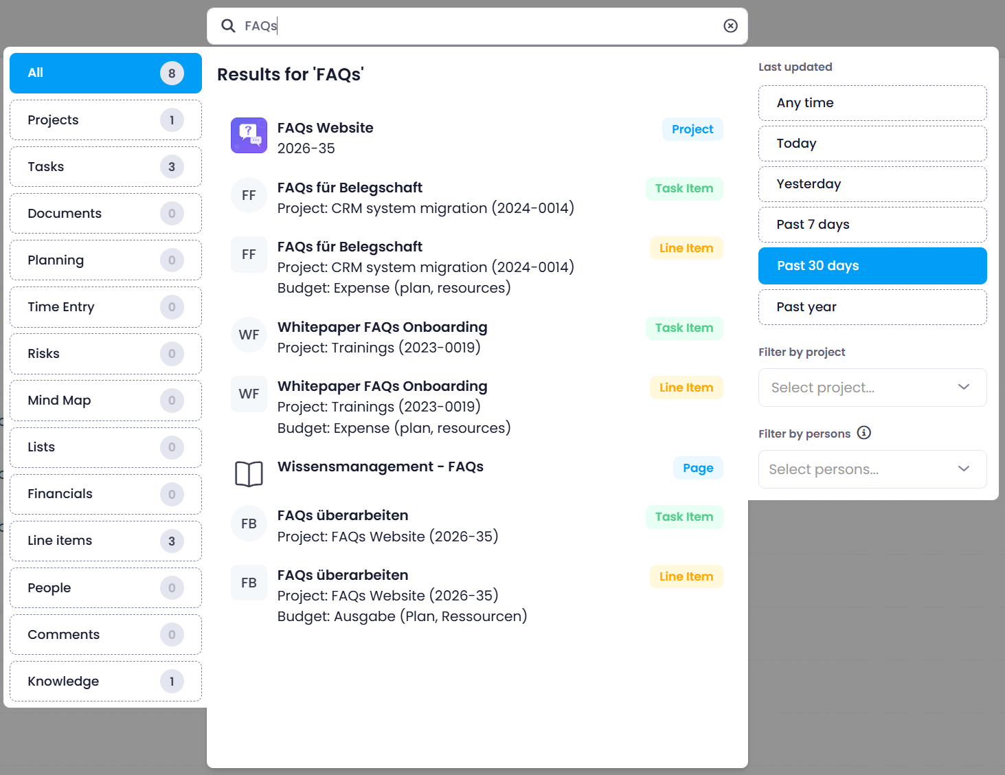 In-depth search in InLoox