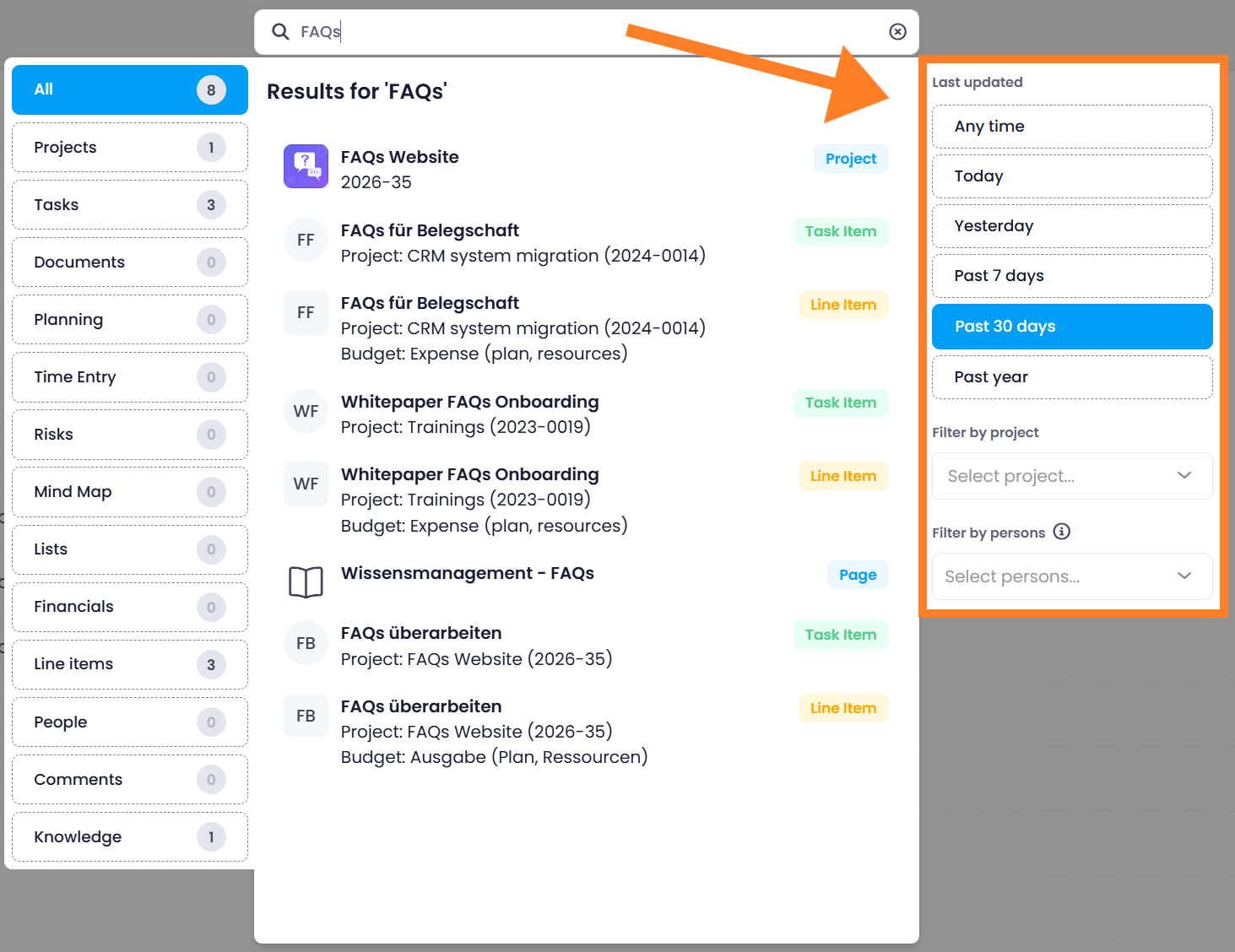 Global search with filters for date, project, and persons