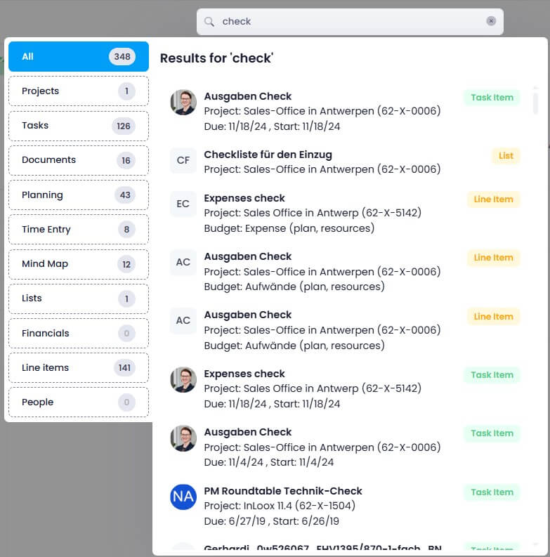 In-depth search in InLoox