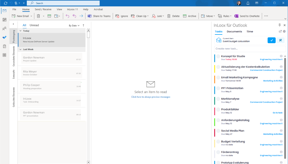 InLoox for Outlook side panel