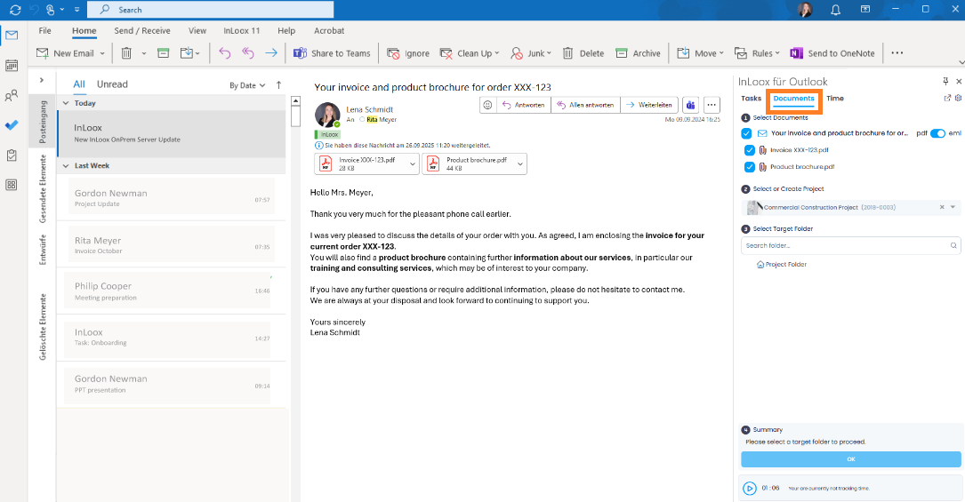 Documents tab in the InLoox for Outlook side panel