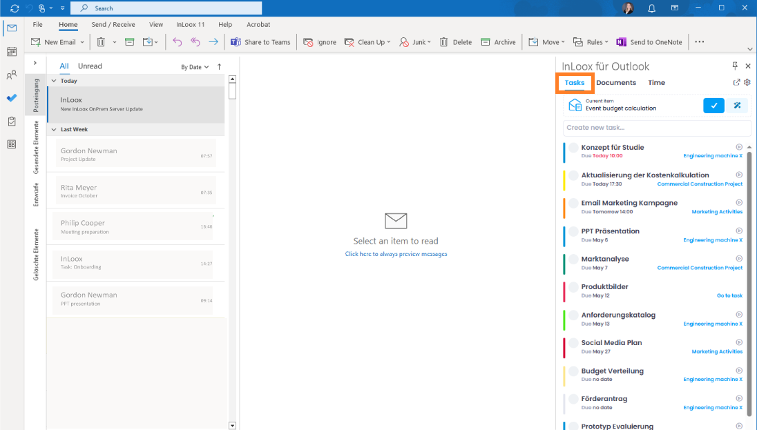 Tasks overview in the InLoox for Outlook side panel