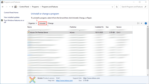 Click Uninstall for InLoox Self-Hosted Server