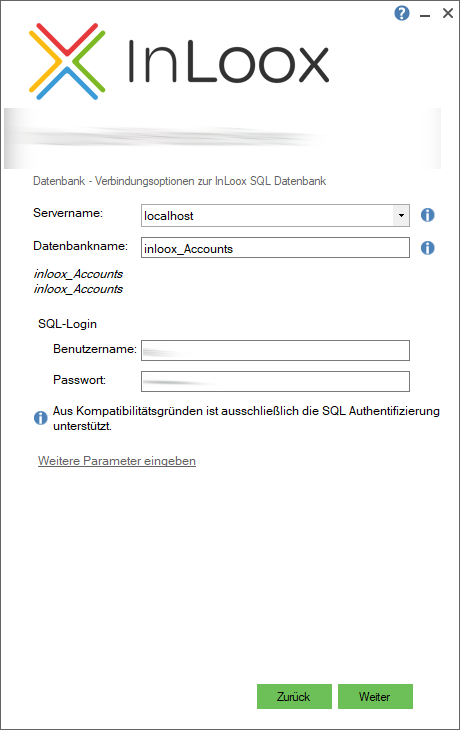 Database connection options with server name, database name, and SQL login credentials