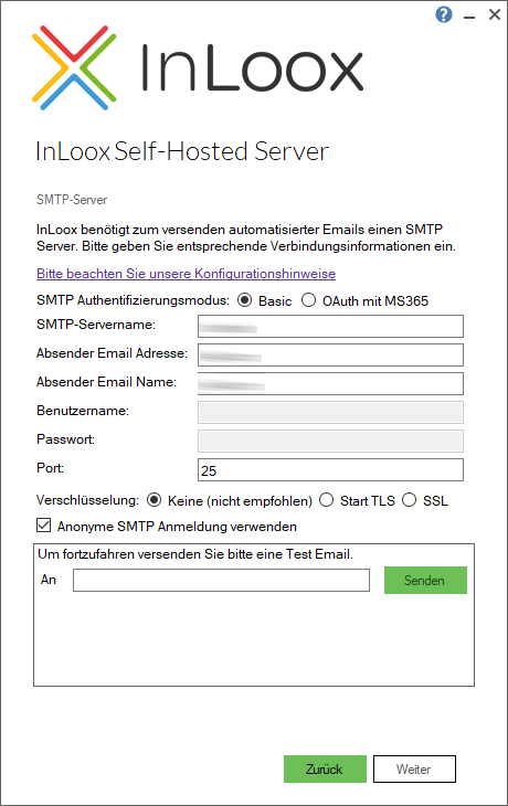 SMTP server configuration with authentication mode, server name, sender address, and test email field