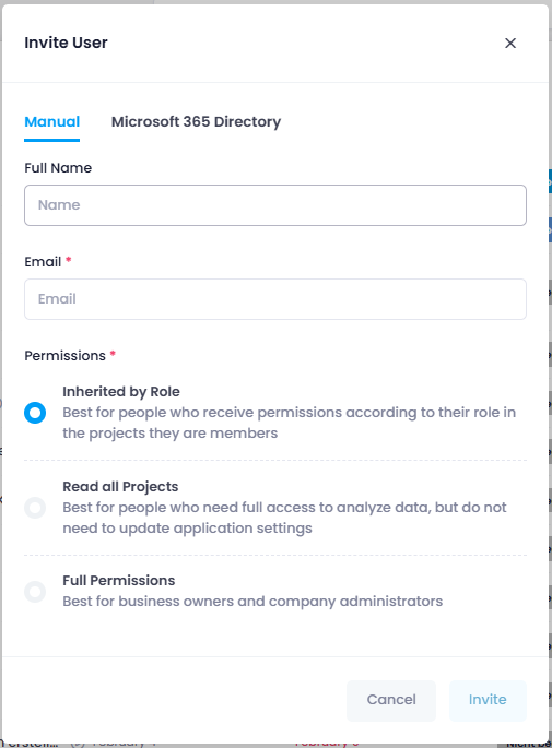 Invite user — enter name, email, and role