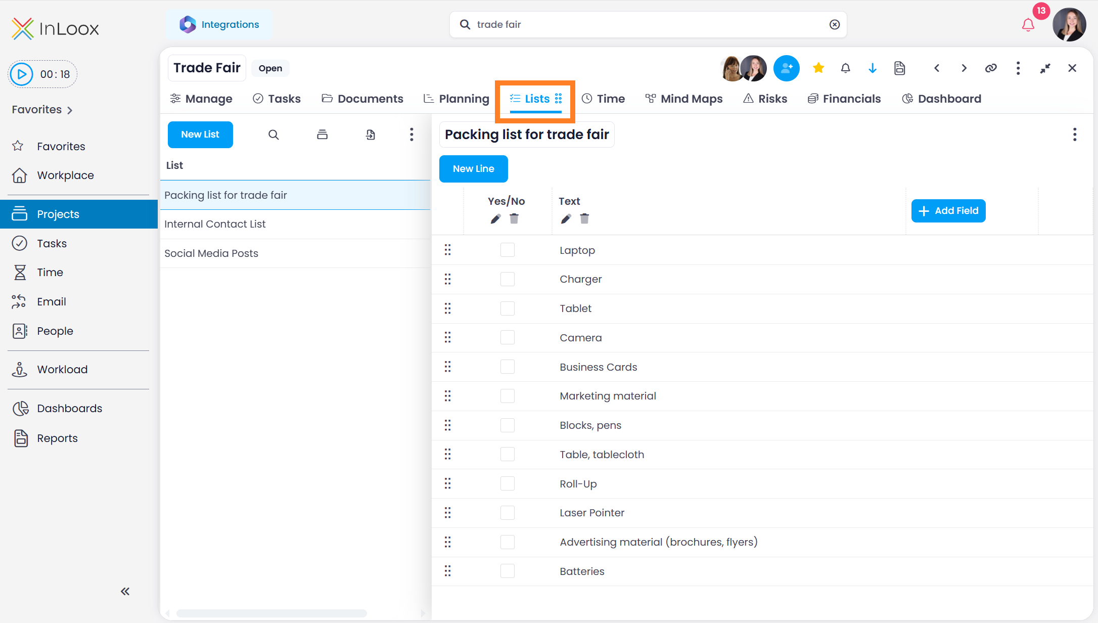 Lists in InLoox