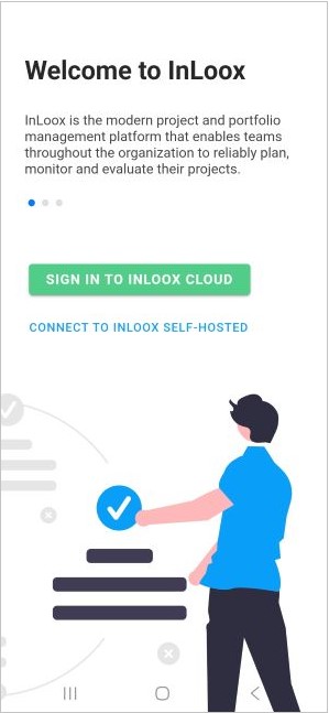 Welcome to InLoox starting screen with Sign in to InLoox Cloud and Connect to InLoox Self-Hosted options