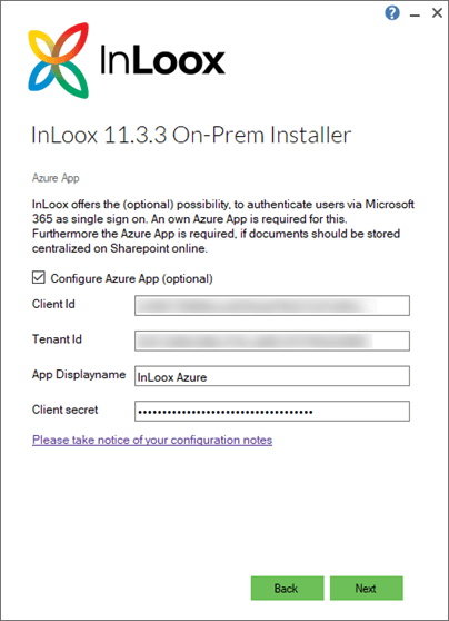 Enter information in InLoox setup