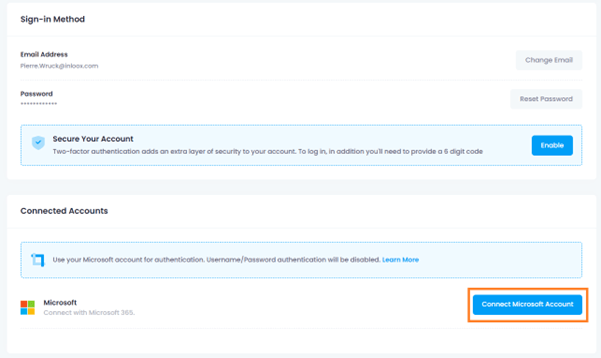 Connect Microsoft Account in InLoox settings