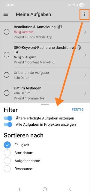 Mobile App: Filter and sort task list